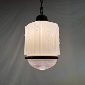 Antique Art Deco Skyscraper Chandelier Vintage 1920s Hanging Pendant Light Fixture Milk Glass 1930s Holophane White Streamline