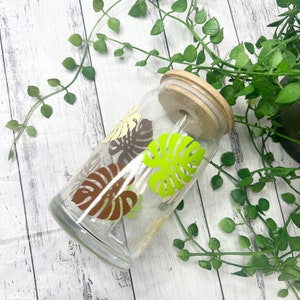 Coffee floral monstera beer can ice coffee glass cup 470ml 16oz  with bamboo lid and glass straw 16oz  leaves