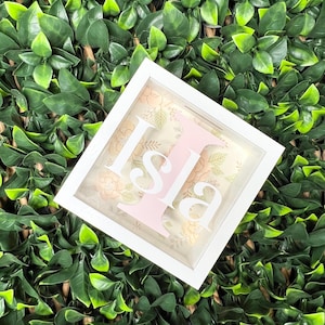 May include: A white framed shadow box displaying the name "Isla" in pink and white lettering. The background has a floral design in gold and cream. The box is set against a backdrop of green foliage.