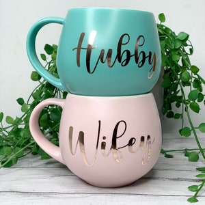 Hubby and wifey Pink and Aqua hug mug set  450ml couple set