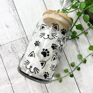 Cat beer can ice coffee glass cup 470ml 16oz  with bamboo lid and glass straw 16oz in black