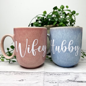 Hubby and Wifey  Pink and Blue Mug with White writing Mug set 380ml