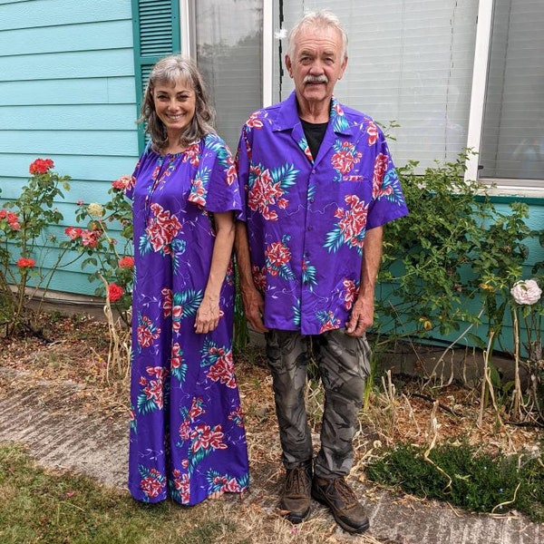 Hilo Hattie's Hawaiian purple floral muumuu and matching men's shirt.