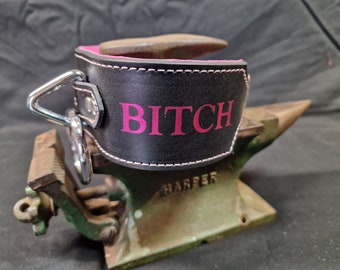 Edgyyyyy Designs Hot foiled Black & Pink "Bitch" extra wide Leather BDSM collar