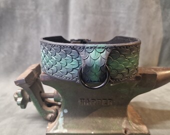 Hand made Black and emerald leather dragon scale BDSM collar