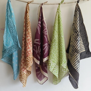 Block Print Cotton Bandana Set of 5: Handkerchief Neck Scarf 21x21
