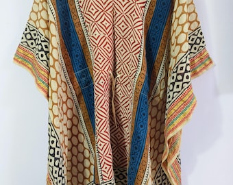 Hand Block Print Baumwolle Kaftan Kleid: Goldene Ränder, Verstellbare Taille