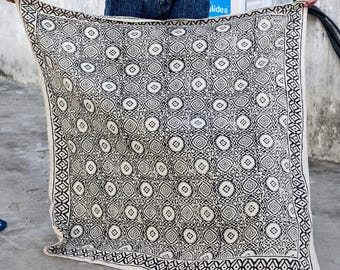 Large Block Printed Cotton Bandana: Organic Zari Scarf (42x42)