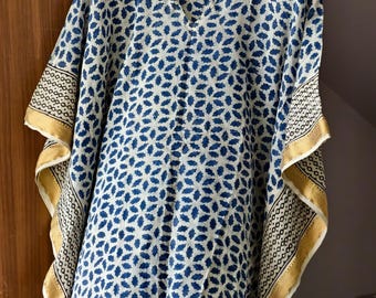 Hand Block Print Cotton Kaftan Dress: Golden Accents, free size top