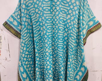 Vestido caftán de algodón con estampado a mano: Top ajustable de talla única