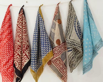Block Print Cotton Bandana Set: Geometric Neckerchief, Soft Cotton (21x21")