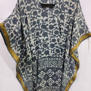 Hand Block Print Cotton Kaftan Dress: Golden Borders, kaftan for women, short cotton Caftan dress for her, kaftan with golden borders,