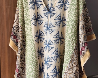 Hand Block Print Cotton Kaftan Dress: Golden Accents, free size top