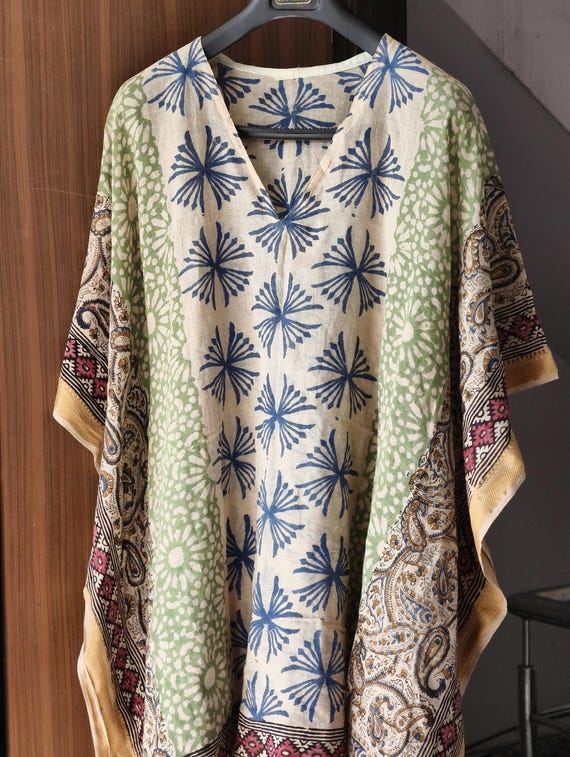 Hand Block Print Cotton Kaftan Dress: Golden Accents, free size top