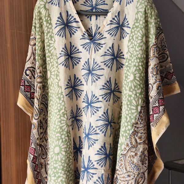 Hand Block Print Cotton Kaftan Dress: Golden Accents, free size top