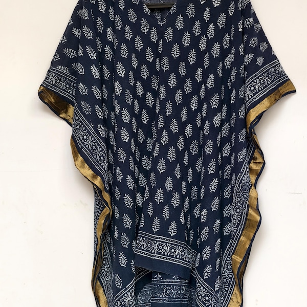 Hand Block Print Cotton Kaftan Dress: Golden Accents, free size top