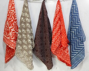 Block Print Cotton Bandana Set of 5: Colorful Neckerchiefs, Handkerchiefs (21x21 Inch)