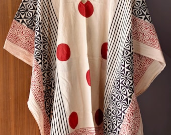 Hand Block Print Cotton Kaftan Dress: Zari Border, free size kaftan