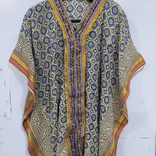 Hand Block Print Cotton Kaftan Dress: Zari Border Tunic