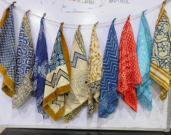 Block Print Cotton Bandana Set of 10: Handcrafted Neckerchiefs, Natural Dye
