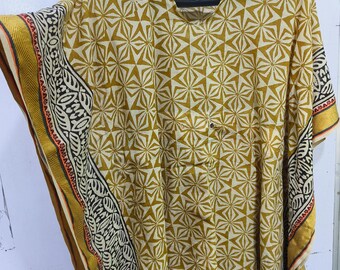 Hand Block Print Cotton Kaftan Dress: Bohemian Short Tunic