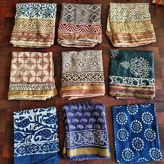 Set of 5 Jaipur Block Print Cotton Sarongs: Beach Wraps + 4 Bandanas
