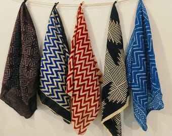 Block Print Cotton Bandana Set of 5: 21x21" Neckerchief