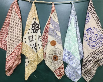 Block Print Cotton Bandana Set of 5: 21x21" Neckerchief