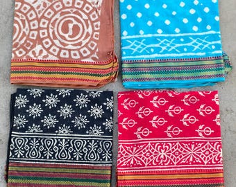 Large Organic Cotton Bandana"42x42" Set of 4: Block Printed Zari scarf