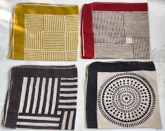Hand Block Print Cotton Bandana set of 4: Natural Dye Scarf, 21"inch Square