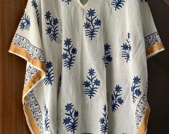 Hand Block Print Cotton Kaftan Dress: Golden Accents, free size top