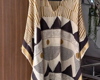 Hand Block Print Cotton Kaftan Dress: Golden Accents, free size top