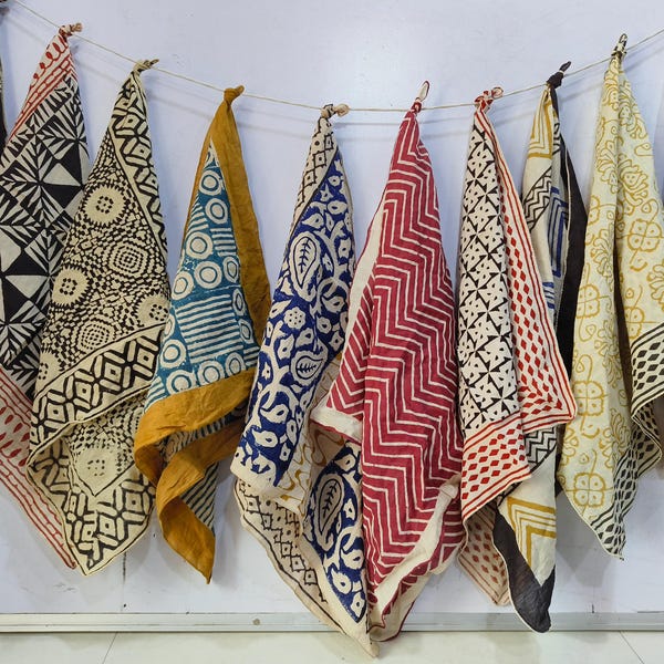 A set of 10 bandanas,Block Print Cotton Bandana Set: Geometric Neckerchief (21x21" Inch)