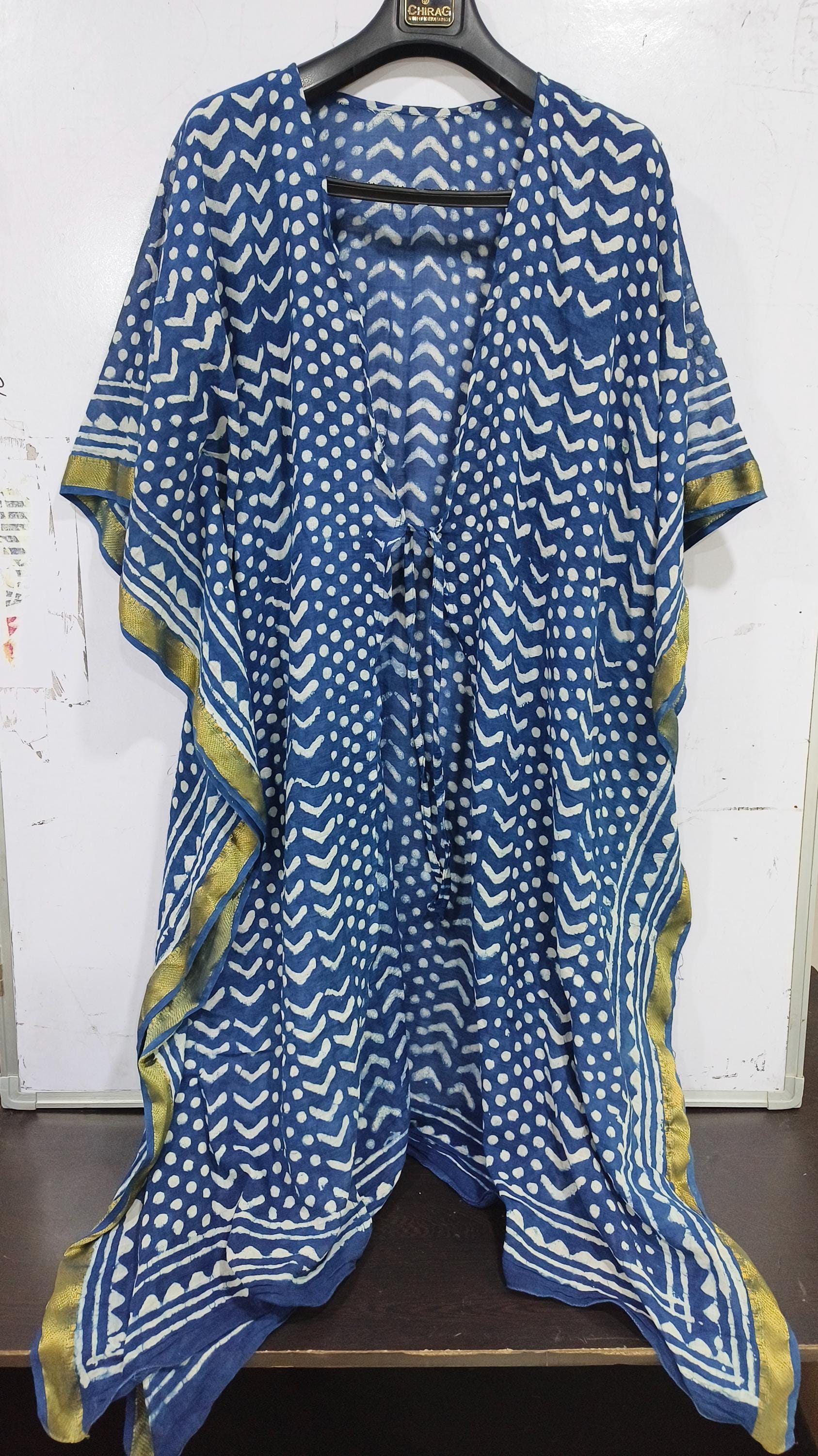 Caftan Long Femme Imprimé Floral Indien - Coton Bleu Ciel Et Blanc - Taille Unique Réglable - Style Bohème été