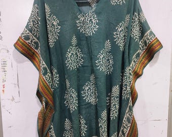 Hand Block Print Cotton Kaftan Dress: Zari Border, free size kaftan