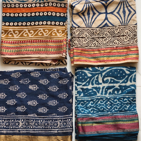 Large Organic Cotton Bandana"42x42" Set of 4: Block Printed Zari scarf