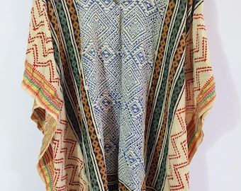 Hand Block Print Cotton Kaftan Dress: Bohemian Short Tunic