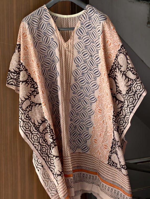 Hand Block Print Cotton Kaftan Dress: Golden Accents, free size top