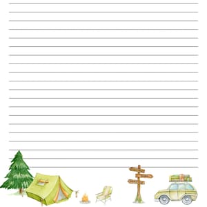 Papier ligné A4 sur le thème du camping, Téléchargement instantané, papier à lettre imprimable