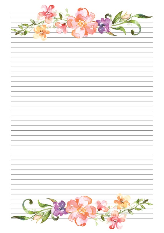 Watercolour Flower Border Lined A4 Paper, Instant Download, Printable Paper  