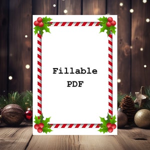Puede incluir: Un borde imprimible con temática navideña con rayas de bastón de caramelo rojo y blanco y hojas de acebo con bayas rojas. El texto "Fillable PDF" está centrado en el fondo blanco.