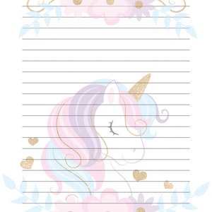 carta da lettere A4 foderata con unicorno pastello, download istantaneo, carta da lettere stampabile,