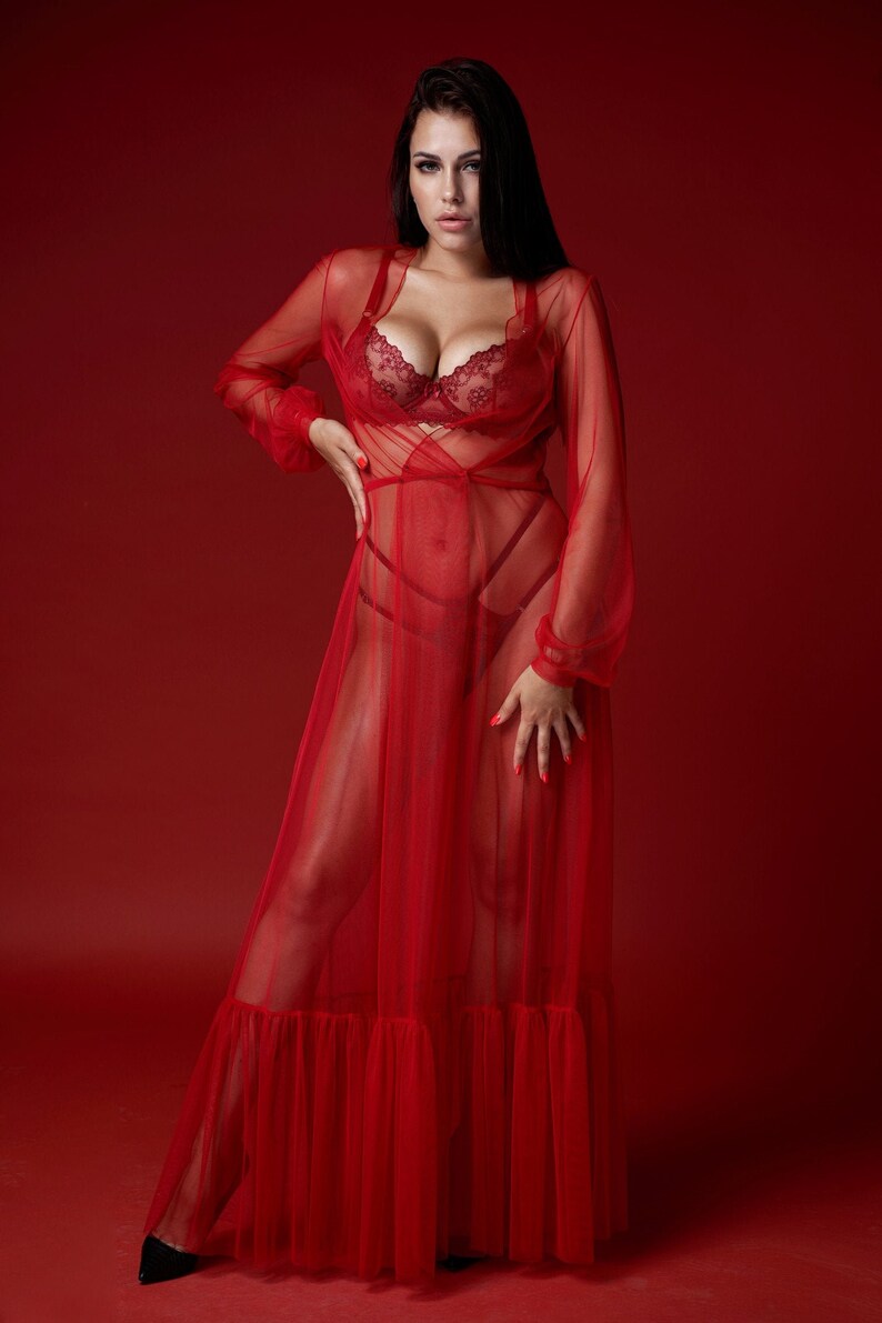 Red See Thru Lingerie Robe Maxi Length Robe Red transparent | Etsy