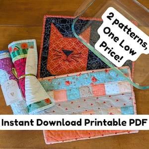 Puede incluir: Una colección de salvamanteles acolchados y un paño de cocina doblado. Un salvamanteles presenta una cara de gato naranja sobre un fondo negro. Otro tiene un diseño de patchwork con cuadrados azules, rosas y grises. El texto "Instant Download Printable PDF" es visible.