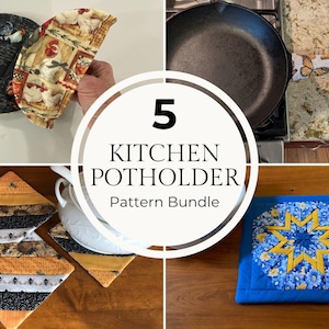 Peut inclure: Un ensemble de cinq maniques de cuisine présentant divers motifs en tissu, notamment des coqs, des papillons, des tournesols, des abeilles et une étoile bleue. L'image contient le texte 5 KITCHEN POTHOLDER Pattern Bundle.