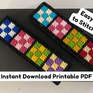May include: Two rectangular needlepoint bookmarks with a black border and colorful checkered patterns. One bookmark features blue, pink, yellow, and purple squares. The other bookmark has blue, pink, green, and red squares. Text reads "Easy to Stitch" and "Instant Download Printable PDF."