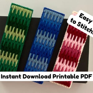 May include: Three handmade, stitched bookmarks in green, blue, and red. Each bookmark features a unique pattern and colour gradient. The text "Easy to Stitch!" and "Instant Download Printable PDF" are also visible.
