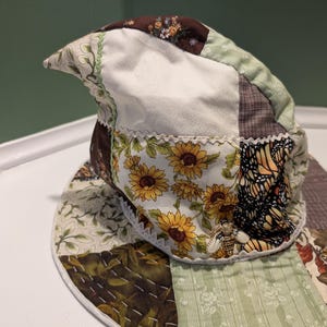 Slouchy Patchwork Hat side view closeup.