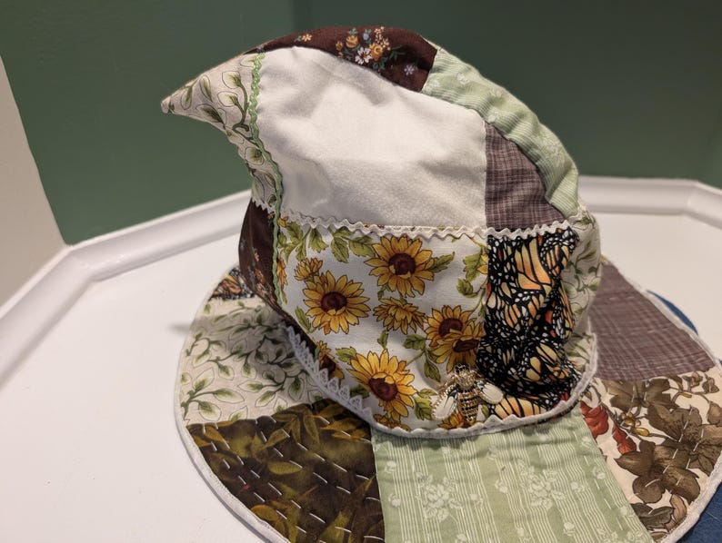 Slouchy Patchwork Hat side view closeup.