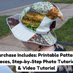 Slouchy Patchwork Hat being worn sitting on bench reading a book. Purchase includes: Printable Pattern Pieces, Step-by-Step Photo Tutorial & Video Tutorial.